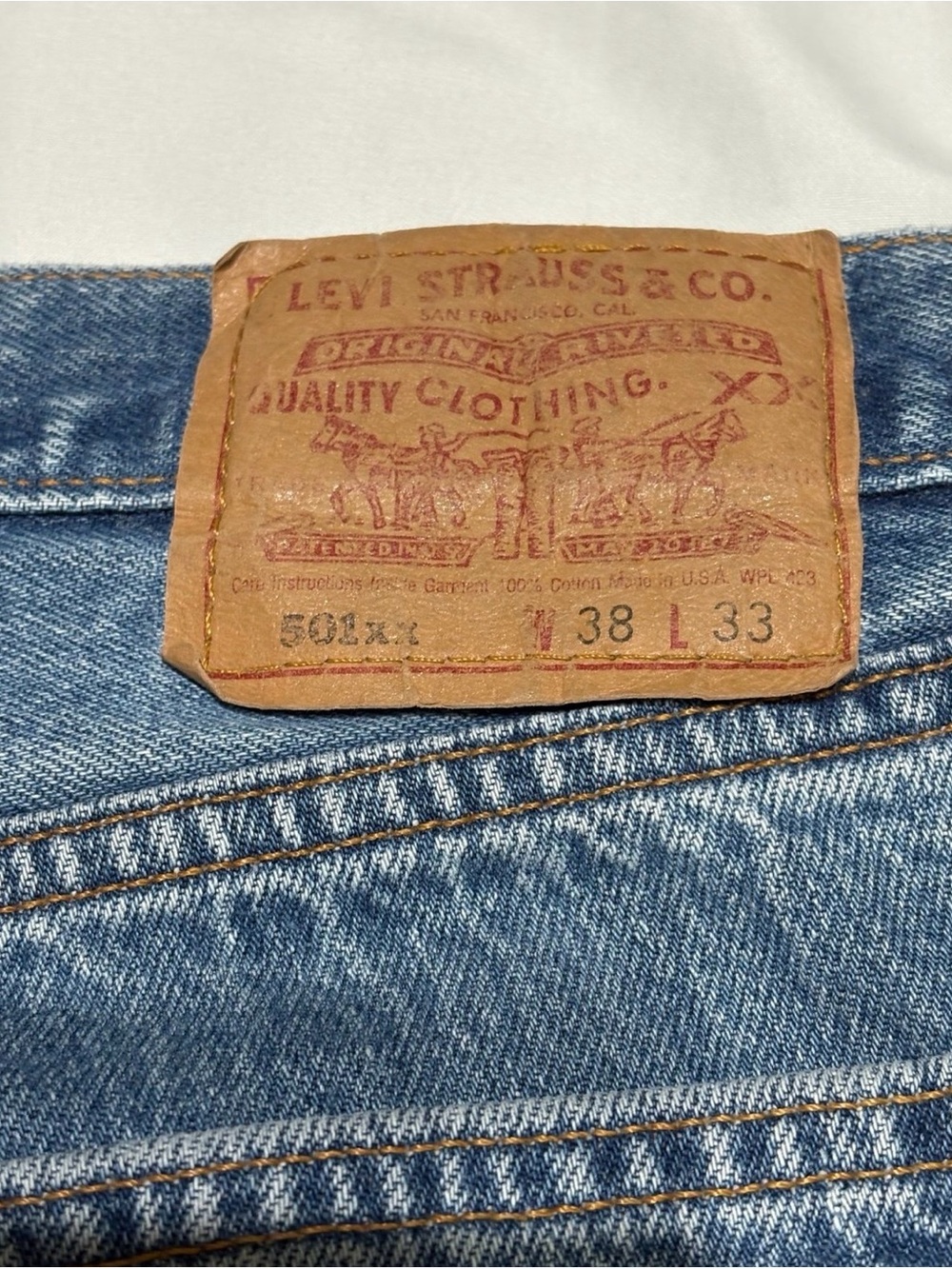 Rare Find Vintage 90’s Levis 501-XX Denim Jeans 38x33 USA Leather Tag Distressed